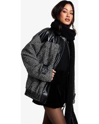 Boohoo - Tall Oversized Contrast Pu Trim Herringbone Bomber Jacket - Lyst
