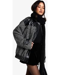 Boohoo - Tall Oversized Contrast Pu Trim Herringbone Bomber Jacket - Lyst