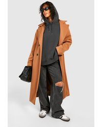 Boohoo - Belted Double Breast Textured Wool Look Maxi Coat - Lyst