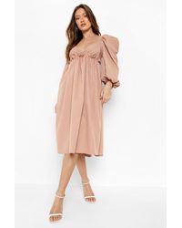 printed puff sleeve ruffle neck smock dress