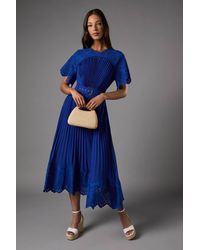 Coast - Short Sleeve Pleated Chiffon Midi Dress With Broderie Trim - Lyst