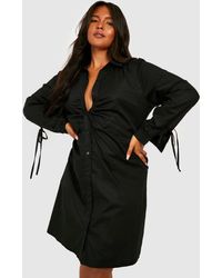 Boohoo - Plus Poplin Tie Cuff Ruched Shirt Dress - Lyst