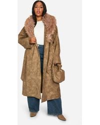Boohoo - Plus Faux Fur Collar Vintage Look Faux Leather Trench Coat - Lyst