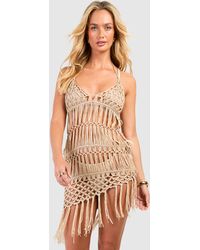 Boohoo - Crochet Tassel Hem Halterneck Beach Mini Dress - Lyst