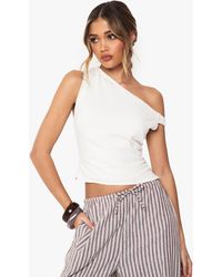 Boohoo - Twist Detail Off The Shoulder Linen Look Crop Top - Lyst