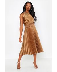 Boohoo Womens Plissiertes Midikleid Mit Gesmockter Taille - Braun
