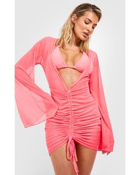 Boohoo - Mesh Flared Sleeve Ruched Beach Mini Dress - Lyst