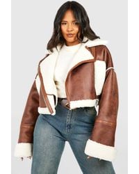 Boohoo - Plus Teddy Trim Cropped Aviator Jacket - Lyst