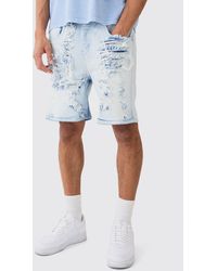 BoohooMAN - Relaxed Rigid Extreme Rip & Repair Denim Short In Ice Blue - Lyst