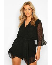 Boohoo Womens Plus Dobby Mesh Ruffle Wrap Tie Romper - Black