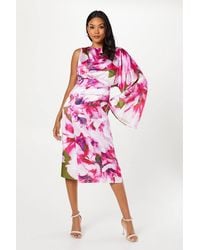 Coast - Printed Satin One Shoulder Wrap Skirt Midi Wedding Guest Dress - Lyst