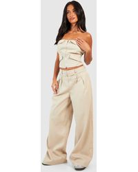 Boohoo - Petite Double Waistband Wide Leg Tailored Trousers - Lyst
