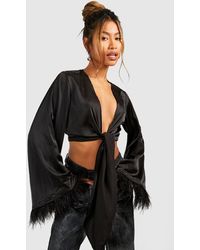 Boohoo - Satin Feather Cuff Tie Front Shirt - Lyst