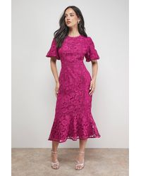 Oasis - Lace Trim Detail Puff Sleeve Peplum Midi Dress - Lyst