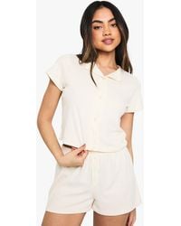 Boohoo - Soft Rib Short Sleeve Button Through Shirt & Shorts Lounge Set - Lyst