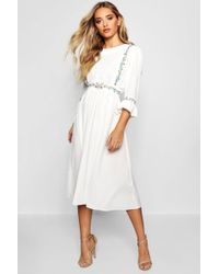 Boohoo Embroidered Ruffle Sleeve Midi Dress - White