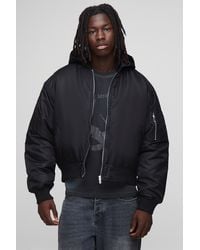 BoohooMAN - Oversized Boxy Curved Hem Hooded Nylon Bomber Jacket - Lyst