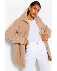 Boohoo Oversized Belted Teddy Faux Fur Shacket - Natural
