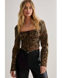 Nasty Gal - Leopard Long Sleeve Lace Up Back Corset Top - Lyst