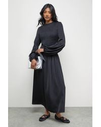 Oasis - Satin Shirred Bodice Balloon Sleeve Midi Dress - Lyst