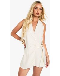 Boohoo - Linen Look Buckle Detail Tie Waist Tailored Skort Romper - Lyst