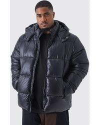 Boohoo - Plus Hooded High Shine Puffer Jacket In Black - Lyst