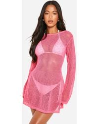 Boohoo - Popcorn Crochet Open Back Beach Mini Dress - Lyst