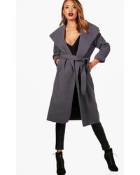 Boohoo Abrigo Con Cuello Grande Y Cinturón - Gris