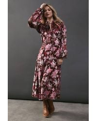 Warehouse - Burnout Floral Velvet Frill Shoulder Tie Front Midi Dress - Lyst