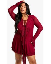 Boohoo - Plus Mesh Ruffle Lace Up Skater Dress - Lyst