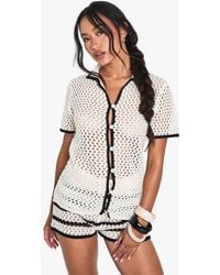Boohoo - Crochet Oversized Contrast Stitch Shirt And Stripe Short Co-Ord - Lyst