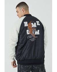 Boohoo - Tall Satin Souvenir Bomber With Embroidery - Lyst