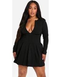 Boohoo - Plus Long Sleeve Corset Detail Plunge Pleated Hem Dress - Lyst
