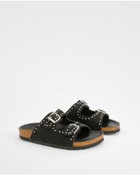 Boohoo - Wide Fit Studded Double Buckle Footbed Sliders - Lyst