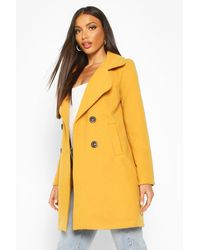 Boohoo Double Breasted Collared Wool Look Coat - Yellow