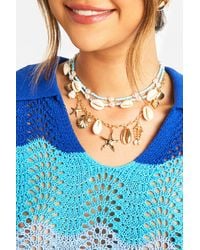 Boohoo - Blue Beaded Shell Layered Charm Necklace - Lyst