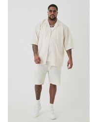 Boohoo - Plus Drop Revere Linen Shirt & Short Set In Ecru - Lyst