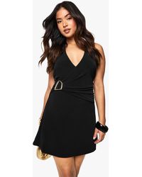 Boohoo - Petite Halter Neck Trim Detail Wrap Mini Dress - Lyst