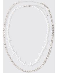 Boohoo - 2 Pack Pearl And Metal Chain Necklaces In Silver - Lyst