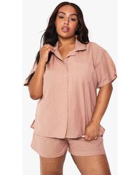 Boohoo - Plus Linen Look Short Sleeve Shirt And Elasticated Waist Short Co-Ord - Lyst
