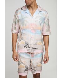 Boohoo - Conjunto Oversize De Pantalón Corto Y Camisa De Raso Con Media Manga Y Estampado De Palmeras - Lyst
