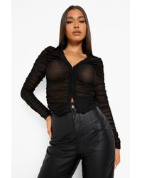 Boohoo Double Layer Mesh Ruched Shirt - Black