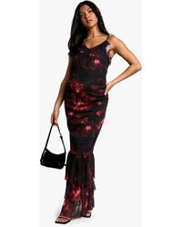 Boohoo - Maternity Floral Print Mesh Ruffle Hem Detail Strappy Maxi Dress - Lyst