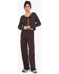 Boohoo - Rib Tie Front Long Sleeve Top And Drawstring Straght Leg Trouser Set - Lyst