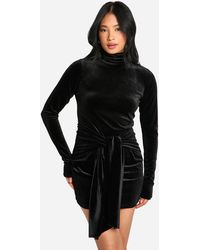 Boohoo - Petite Velvet High Neck Wrap Detail Mini Dress - Lyst