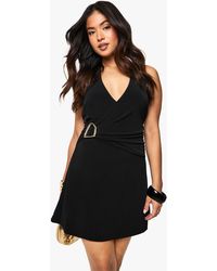 Boohoo - Petite Halter Neck Trim Detail Wrap Mini Dress - Lyst