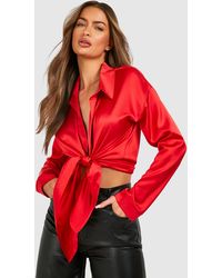Boohoo - Satin Knot Front Long Sleeve Blouse - Lyst