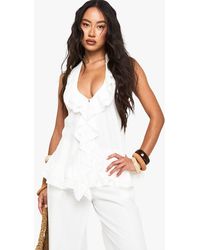 Boohoo - Woven Crinkle Ruffle Button Top - Lyst