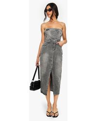 Boohoo - Denim Bandeau Split Front Midi Dress - Lyst