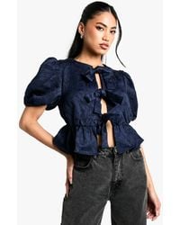 Boohoo - Textured Jacquard Tie Front Puff Sleeve Smock Top - Lyst